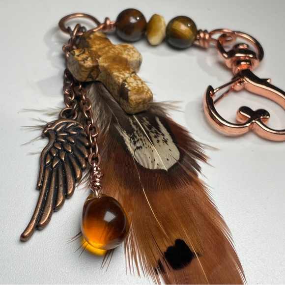 Artisan Jewelry - Earthy Tones Feather and Tigers Eye And Jasper Cross Keychain